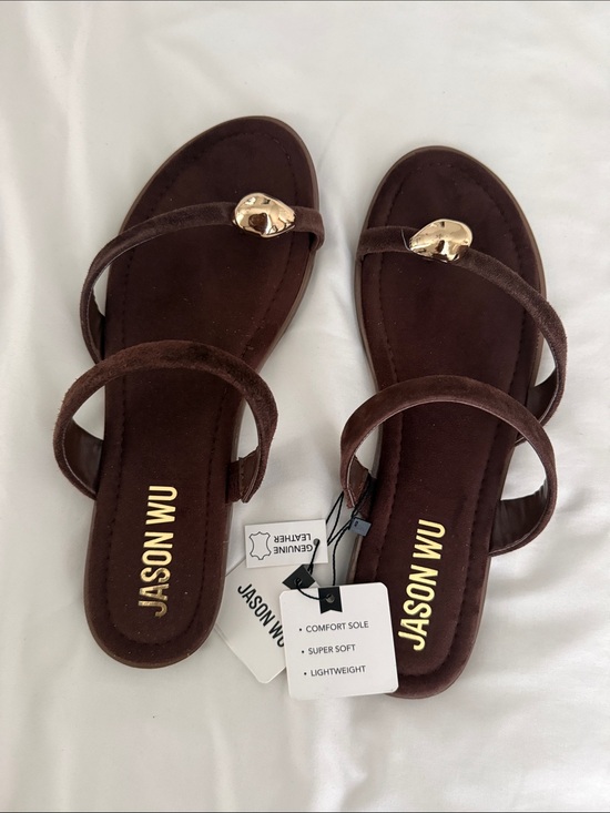 Jason Wu Shoes - Jason Wu Brown Genuine Leather Suede Gold Toe Ring Flat Sandals Size 10 NWT